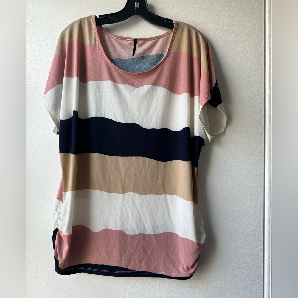 Ashley Blue Side Ruched Blouse Striped Stretch Top